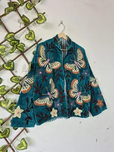 Premium Teal <b>Velvet</b> Suzani Embroidery <b>Jacket</b> With Butterfly Print Full Sleeve Stand Collar Boho Chic Women's Autumn Coat - Product Image 1