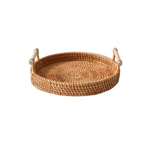 Hand-Woven <b>Round</b> Rattan Serving <b>Tray</b> Set Eco-Friendly Natural Wicker Ottoman <b>Tray</b> for Coffee <b>Table</b> Decor Bread Fruit Basket - Product Image 2