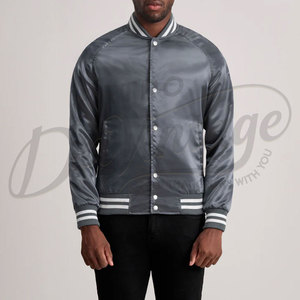 Blouson bomber en satin gris pour homme avec poignets côtelés rayés et fermeture à boutons-pression, vêtement d'extérieur léger de qualité supérieure - Product Image 6