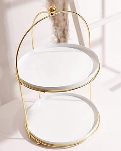 Delight World - Soporte de Aluminio de 2 Niveles para Tartas, Bandeja Blanca con Base Dorada de 32 cm, Plato para Aperitivos para Decoración del Hogar, Fiestas y Eventos Elegantes - Product Image 1