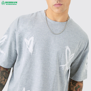 BEHRAM INTERNATIONAL เสื้อยืดโอเวอร์ไซส์สีเทาสำหรับผู้ชายพร้อมลายพิมพ์สีขาวแขนสั้นคอกลมสไตล์สตรีทผ้าฝ้ายเจอร์ซีย์ชุด - Product Image 6
