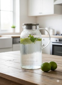 Jarra de Vidrio con Tapa de Acero Inoxidable, Diseño de Lujo, 300 mm de Diámetro, para Agua, Rodajas de Limón, Menta, Mesa de Madera, Exterior - Product Image 6
