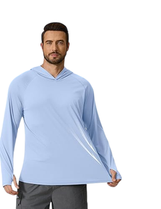 Camiseta de Manga Larga con Capucha para Hombre, Color Azul Claro, Tejido Transpirable de Poliéster, Corte Regular, Color Sólido, Estilo Pullover, para Verano - Product Image 3