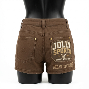 Shorts de mezclilla marrón para mujer, 340 GSM, tela elástica de algodón y spandex, dobladillo sin rematar, logotipo personalizado, shorts para mujer - Product Image 2