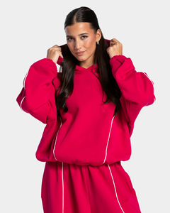 Sudadera con Capucha Personalizada para Mujer, Color Rojo Frambuesa con Líneas en Contraste, Corte Holgado, Felpa de Algodón Premium, Transpirable, Informal, OEM - Product Image 1
