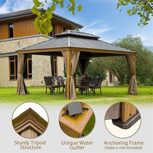 Gazebo con Tetto Rigido 12 X 14, Struttura in Alluminio Rivestito in Legno, Tetto Doppio in Acciaio Zincato, Padiglione Permanente in Metallo per Esterni, Pergola con Tettoia - Product Image 5