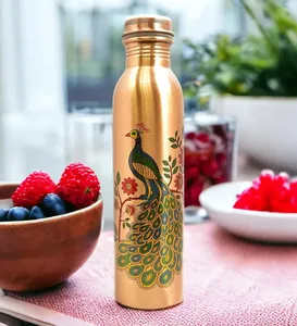 Bouteille d'eau en cuivre durable imprimée paon 1000 ml, anti-fuite, bouteille ayurvédique pour la maison, la salle de sport, le bureau, fournisseur en gros - Product Image 2