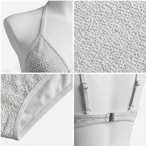 Women's Textured Halter Bikini Set With <b>Mesh</b> Detail And Thong Bottoms - Product Image 4