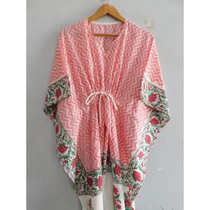 Handmade 100% Cotton Block Print Maxi Kaftan Dress Boho <b>Beach</b> Cover Batwing Sleeve V-neck Loose <b>Tunic</b> Eco-Friendly Breathable - Product Image 2