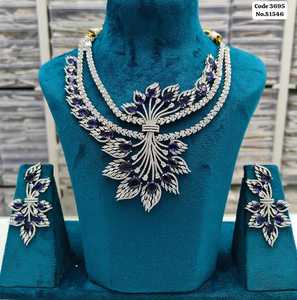 Elegant All-White Leaf Bouquet AD Accented <b>Statement</b> <b>Necklace</b> Set with Earrings Set For Women - Product Image 6