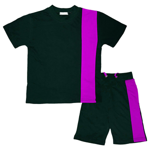 Conjunto Deportivo de Cuello Redondo OEM al por Mayor, Traje Deportivo de 2 Piezas con Paneles en Contraste Azul Marino y Rojo - Traje Atlético de Verano - Product Image 6
