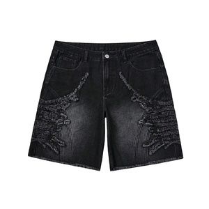 Pantalones Cortos de Mezclilla Negros para Hombre, Estilo Urbano, Vintage, Desgastados, Rotos, de Corte Holgado, Venta al Por Mayor Personalizada - Product Image 1
