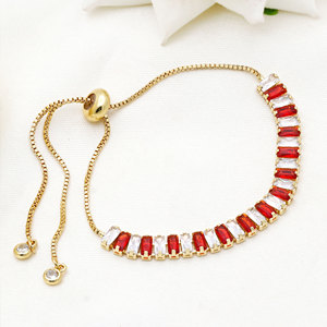 Pulsera de tenis de plata de ley 925 chapada en oro con circonitas rojas y blancas para mujer, cadena ajustable con cristales baguette - Product Image 1