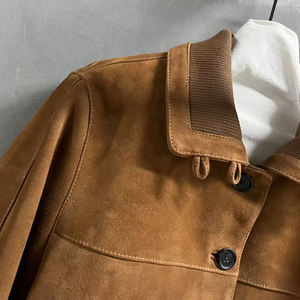 Women <b>Suede</b> Bomber <b>Jacket</b> Button Front Boxy Fit Ribbed Collar Casual Lightweight Outerwear - Product Image 3