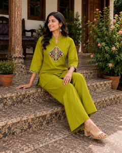 Ensemble ethnique vert olive pour femmes avec broderie, manches trois quarts, coupe ample, décontracté, toutes saisons, style Inde Pakistan - Product Image 2