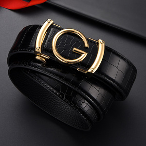Crocodile Pattern <b>Gold</b> V Letter Buckle Cow Hide <b>Belt</b> Men Luxury Alligator Embossed Waistband for Suit - Product Image 2