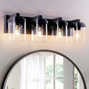 Lampada da Bagno a 4 Luci in Nero Opaco con Paralume in Vetro Trasparente e Finitura Nichelata - Product Image 1
