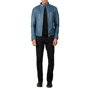Nouvelle veste de course à fermeture éclair aniline bleue pour hommes Style hiver décontracté en cuir véritable en peau de mouton véritable avec doublure en viscose matelassée - Product Image 4