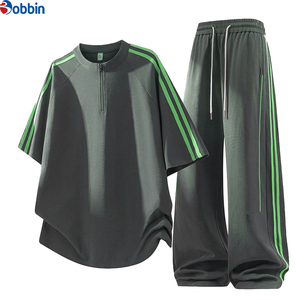 Nuevo Conjunto Deportivo Unisex Estilo Casual de Verano para Hombre, Top Negro de Manga Corta con Media Cremallera y Cuello Redondo a Rayas - Product Image 1