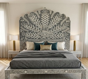 Decorative Wooden Bed Frame Bone Inlay Carved Headboard Platform Bed Custom Bedroom Furniture - Product Image 1