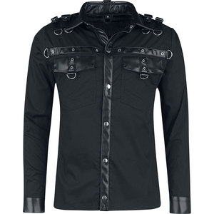 Top Sell Gothic Punk Long Sleeve Cotton Shirt Rockwear with Faux Leather Trim D-Rings and Shoulder Buckle Straps - Product Image 1