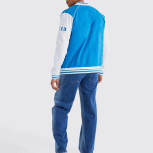 Men's Blue White Color Block Varsity Jacket Preppy Style <b>Covered</b> <b>Button</b> Closure Embroidered Front Stand Regular Fit Winter Wear - Product Image 3