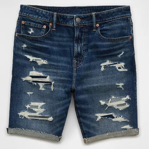 Wholesale Men Distressed Blue Denim Shorts Vintage Washed Ripped Jean Shorts <b>Roll</b>-<b>up</b> Cuff Summer Casual Slim Fit Denim Shorts - Product Image 2