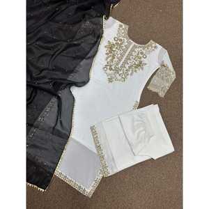 TRENDING GEORGETTE SECUENCIA DE BORDADO TRABAJO TOP BOTTOM CON DUPATTA BLANCO - Product Image 1