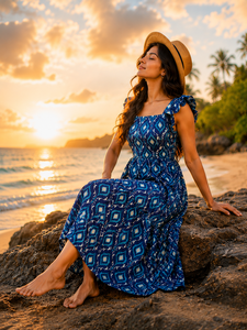 Women's 100% Cotton Floral Print Maxi Dress Blue Boho Beach <b>Spaghetti</b> Strap A-Line Breathable Summer Casual OEM ODM Manufacturer - Product Image 4