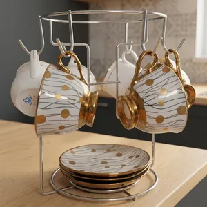 Metal Tea Cup & Saucer <b>Holder</b> <b>Stand</b> with 6 Hooks Decorative <b>Mug</b> Rack Organizer for Kitchen Countertop and Dining Table - Product Image 4
