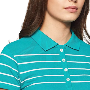 Polo rayé pour femme à manches courtes, bleu sarcelle et blanc, décontracté, 100 % coton, tissu Oxford respirant, tissé - Product Image 4