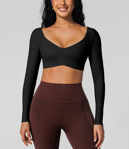 2027 OEM Wholesale Women's Compression Breathable Yoga Shirt for Outdoor Sports Gym T-Shirt V Neck Long Sleeve <b>Cropped</b> Yoga <b>Top</b> - Product Image 4
