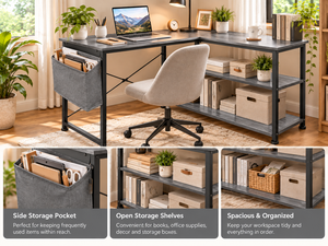 Escritorio moderno para computadora en forma de L con estantes de almacenamiento y bolsillo lateral en gris - Product Image 3