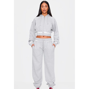 Ensemble de survêtement personnalisé en coton deux pièces : crop top à capuche et pantalon de survêtement large vintage délavé à l'acide, style streetwear - Product Image 1