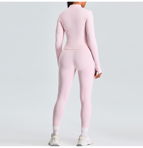 Women's Pink Yoga Set Full Length Leggings Long Sleeve <b>Zipper</b> <b>Top</b> High Waist Seamless Activewear 2 Piece Sport Wear - Product Image 5