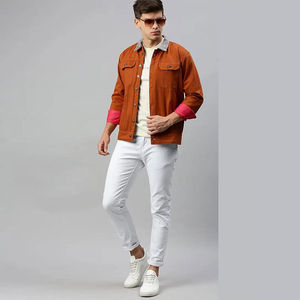 Men Orange Canvas Shirt <b>Jacket</b> Turn-down Collar Casual <b>Slim</b> <b>Fit</b> Autumn Outerwear Button Closure White Pants Style - Product Image 1