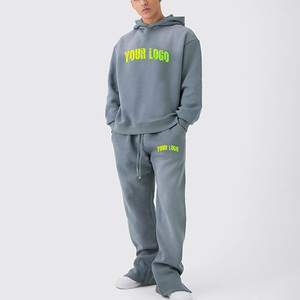Nouvel ensemble de survêtement vintage personnalisé effet vieilli pour homme, comprenant un sweat à capuche et un pantalon de survêtement évasé à jambe droite - Product Image 1