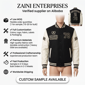 Premium 420 GSM Cotton <b>Fleece</b> Single Breasted Stand Autumn Varsity <b>Jacket</b> <b>Black</b> Ivory Contrast Sleeve Panel Custom Embroidery - Product Image 1