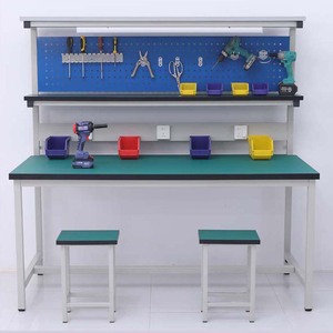 โต๊ะทำงานอุตสาหกรรมแบบหนักพร้อมแผงเก็บเครื่องมือสีน้ำเงิน ท็อปสีเขียว โครงอะลูมิเนียมอัลลอยด์ รุ่น JS-80012 สำหรับใช้ในห้องคลีนรูม - Product Image 1