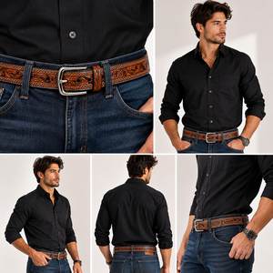 Cinturón de Cuero Genuino Hecho a Mano de Primera Calidad para Hombre, Cinturón Occidental Informal con Grabado Floral Decorativo - Product Image 5