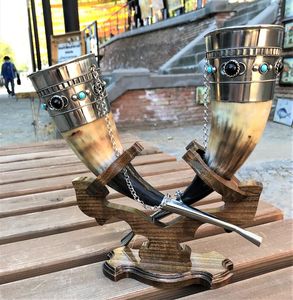 Viking Horn Beer <b>Mugs</b> With Wooden Stand And Decorative Sword Holder Floral Pattern Gold Plated Vintage Style For Party Adult Use - Product Image 3