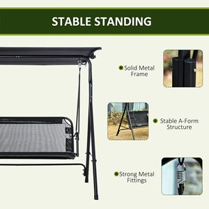 Giardino # # # # Sedia a dondolo da veranda a 2 posti con tettuccio regolabile, braccioli, tessuto Texeline, telaio in acciaio, per esterni, nera - Product Image 5