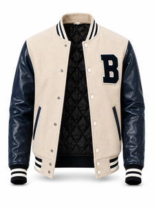 Chaqueta Varsity Unisex Beige con Mangas de Cuero Azul Marino, Letra B Bordada en el Frente, Cuello Camisero, Corte Regular, Diseño de Parches Invernal - Product Image 3