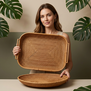 Plateau de service rond en rotin naturel avec motif végétal pour anniversaire et Bar Mitzvah - Vaisselle de haute qualité au meilleur prix en gros - Product Image 1