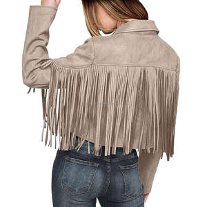 Chaqueta de cuero de ante Beige Vintage para mujer, borla con flecos, estilo vaquero occidental bohemio, solapa de manga larga, viscosa abierta de invierno - Product Image 2