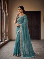 Sari de luxe en soie Georgette épaisse avec broderie au fil et travail Zari, réversible, protection solaire, design pour occasions de mariage