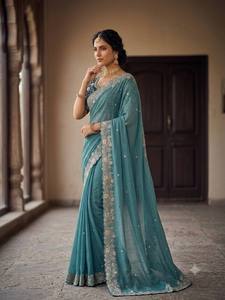Sari de luxe en soie Georgette épaisse avec broderie au fil et travail Zari, réversible, protection solaire, design pour occasions de mariage - Product Image 2