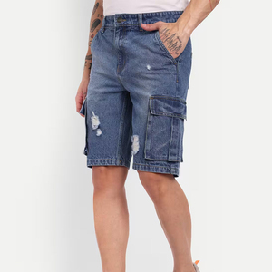 Shorts cargo en jean bleu déchiré et délavé pour homme, taille mi-haute élastique, style décontracté Bermuda, 100 % coton, tissu respirant tissé - Product Image 6