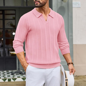 Suéter Polo de Punto para Hombre, Manga Larga, Color Rosa Sólido, Estilo Casual de Primavera, Cierre con Botones - Product Image 4