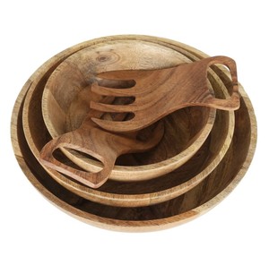 Bol à salade en bois d'acacia de haute qualité, ensemble de 2 fourchettes en forme de main, design moderne, bols de service, cuisine, salle à manger, fabrication artisanale au Vietnam - Product Image 5